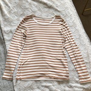 GAP Cream and Tan Striped Long-Sleeve Crewneck Top